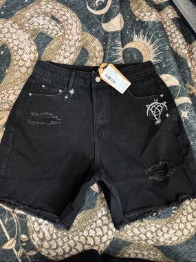 Disturbia Black Denim Shorts with Celestial Tag
